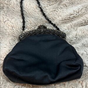 Elegant Black Satin Clutch with Beaded Handle